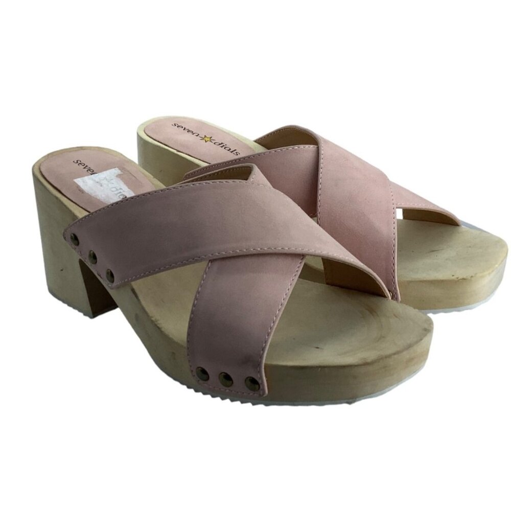 SEVEN DIALS Malta Slide Sandals Women Sz 6.5 Chunky 3" Heel Platform Pink Wood‎